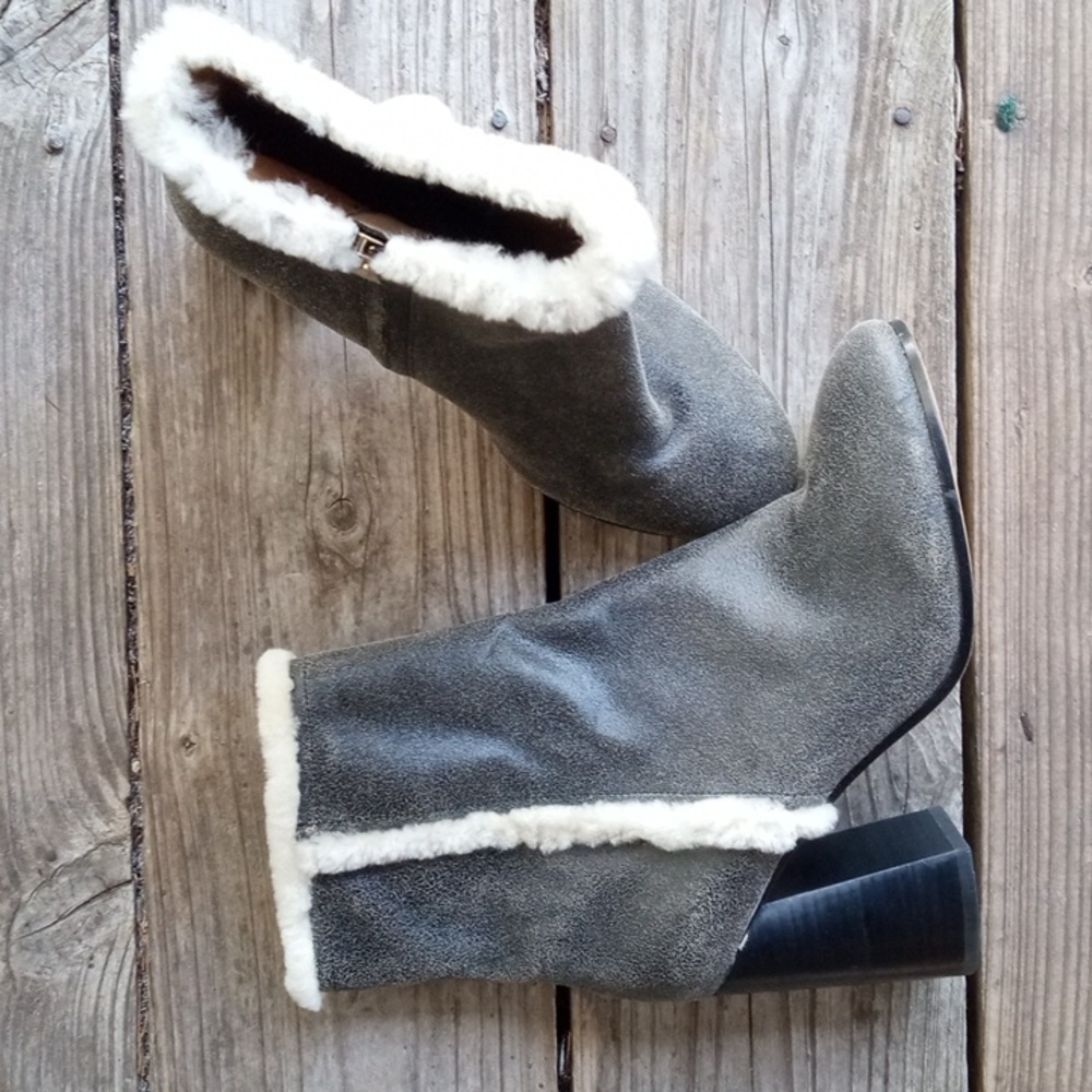 Joie Lorring charcoal gray shearling trim chunky block heel boots